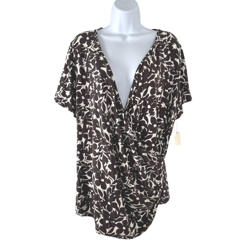 Talbots Faux Wrap Top 2X Petite Floral Brown Short‎ Sleeve Stretch NWT TP-2959